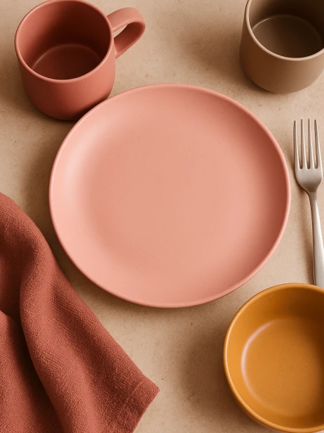 Widok z góry na matowy ceramiczny talerz w kolorze pastelowego różu, umieszczony pośrodku beżowego blatu. Aranżacja stołu w ciepłych odcieniach obejmuje kubek w kolorze terakoty, musztardową miseczkę, beżową czarkę, lnianą serwetkę oraz srebrny widelec.